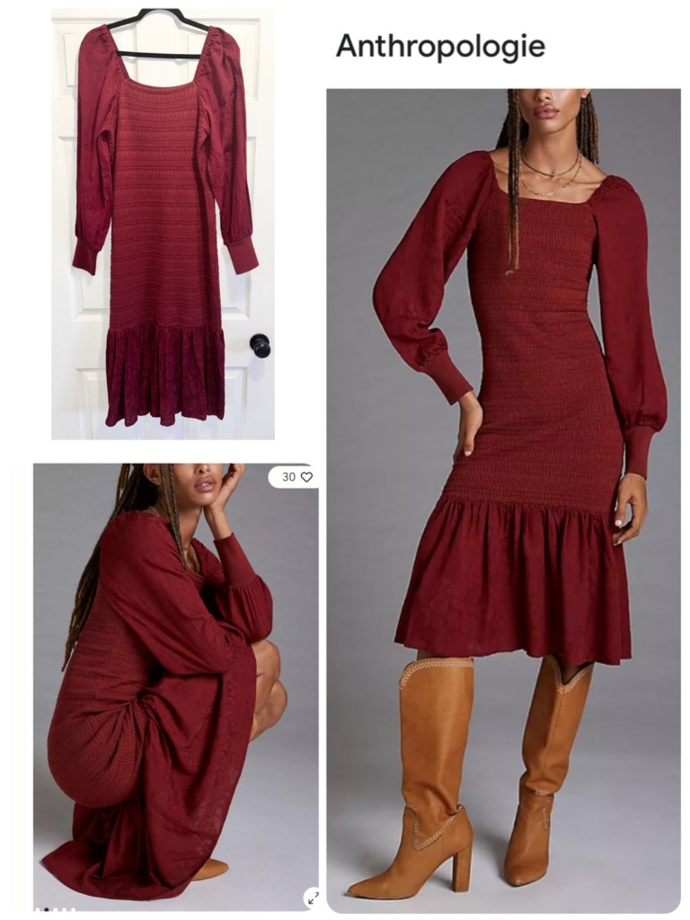 Anthropologie Smocked Puff-Sleeved Midi
Dress Burgundy Wine Boho Size Large